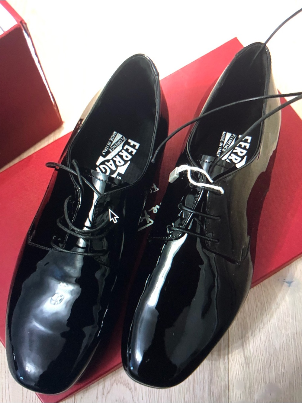 Salvatore Ferragamo Black Patent Leather Derby Oxfords